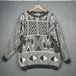 Jane Adams Sweater Womens OS Gray Geometric Tribal Vintage Chunky 80s Knit USA